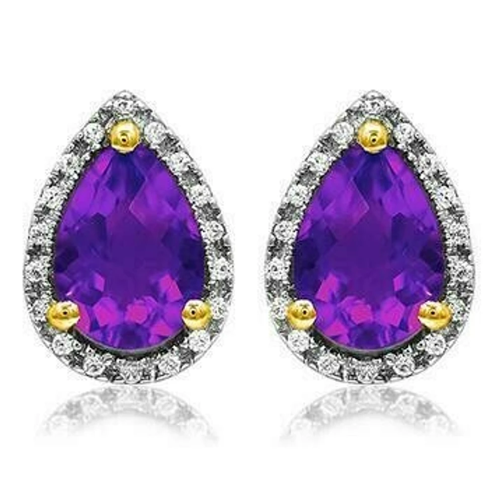 Pear Amethyst Stud Earrings with Diamond Halo 14KT Gold