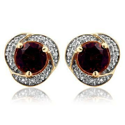 Garnet Whirl Stud Earrings with Diamond Frame 14KT Gold