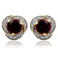 Garnet Whirl Stud Earrings with Diamond Frame 14KT Gold