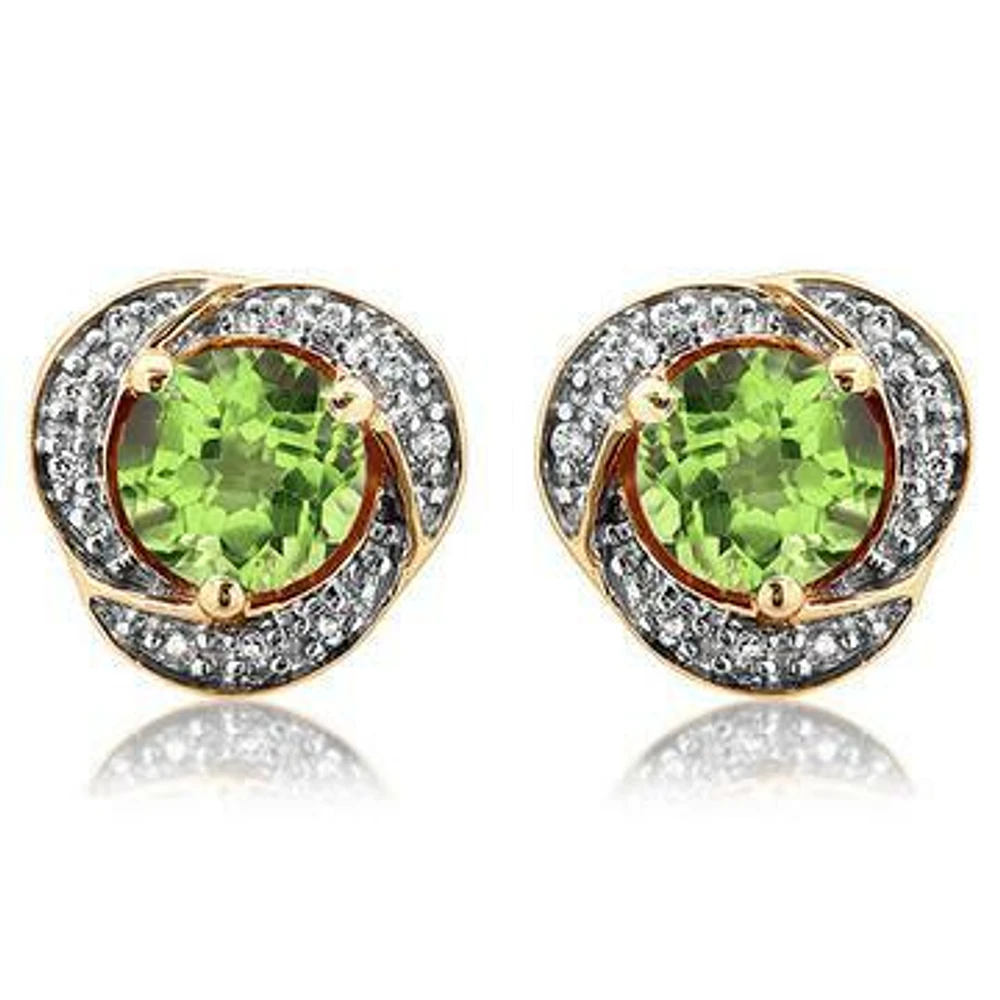 Peridot Whirl Stud Earrings with Diamond Frame 14KT Gold