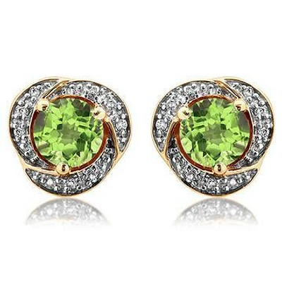 Peridot Whirl Stud Earrings with Diamond Frame 14KT Gold