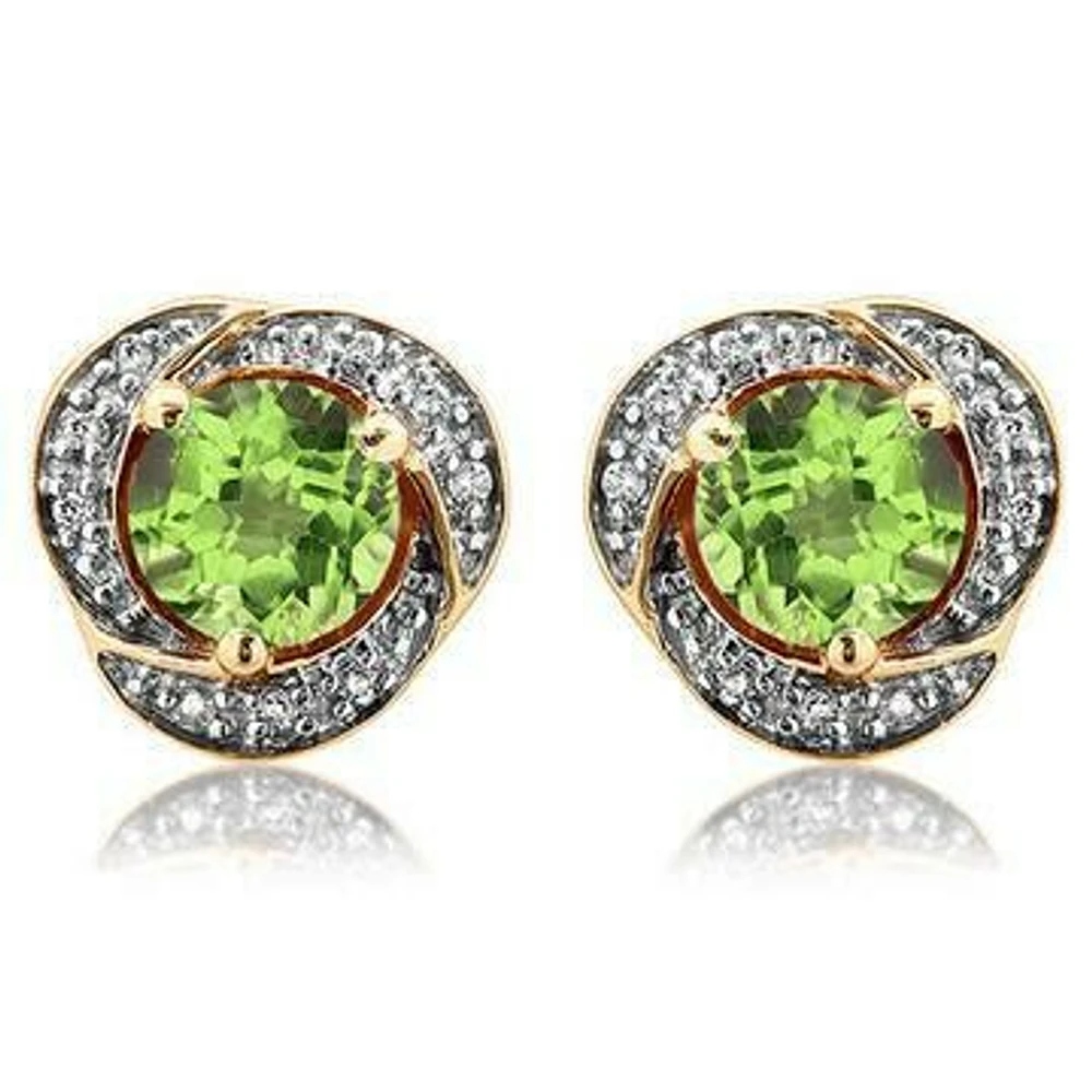 Peridot Whirl Stud Earrings with Diamond Frame 14KT Gold