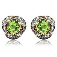 Peridot Whirl Stud Earrings with Diamond Frame 14KT Gold