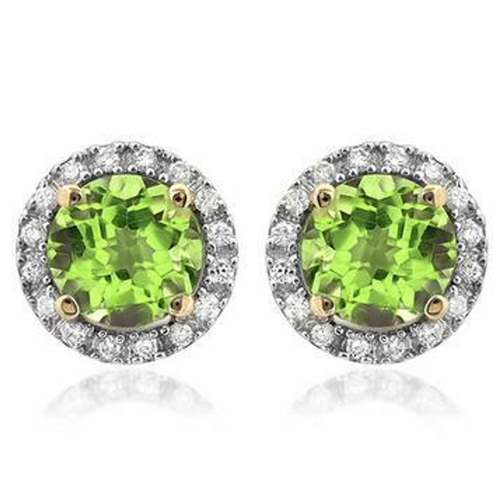 Peridot Stud Earrings with Diamond Halo 14KT Gold