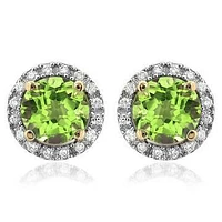 Peridot Stud Earrings with Diamond Halo 14KT Gold