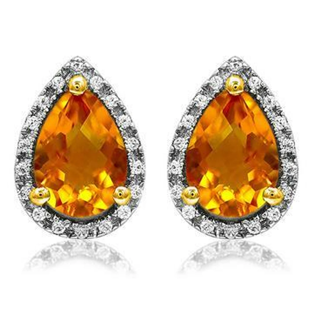 Pear Citrine Stud Earrings with Diamond Halo 14KT Gold