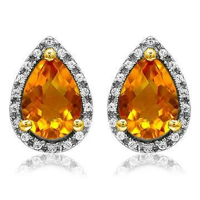 Pear Citrine Stud Earrings with Diamond Halo 14KT Gold