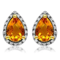 Pear Citrine Stud Earrings with Diamond Halo 14KT Gold