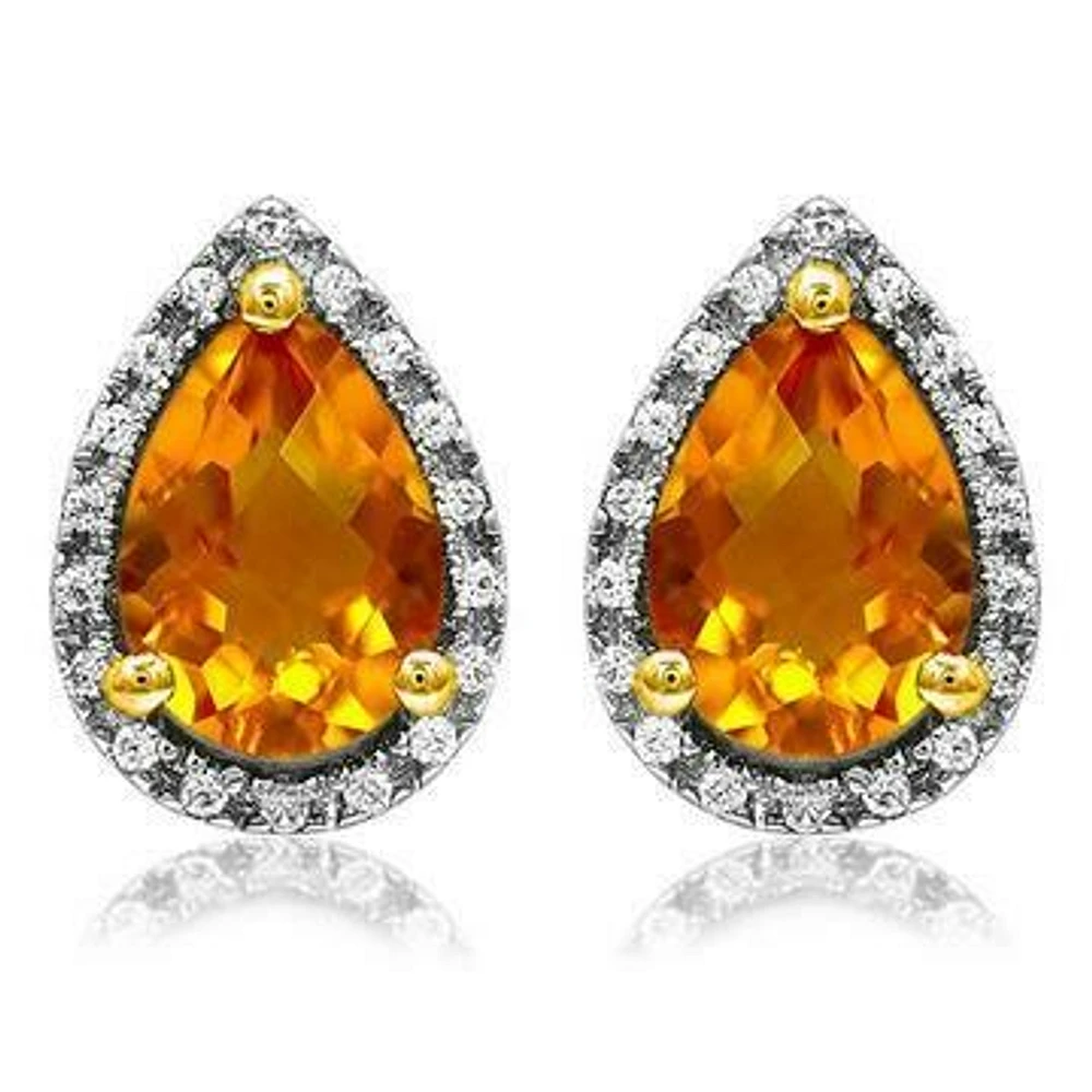 Pear Citrine Stud Earrings with Diamond Halo 14KT Gold