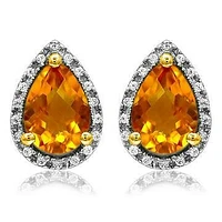 Pear Citrine Stud Earrings with Diamond Halo 14KT Gold