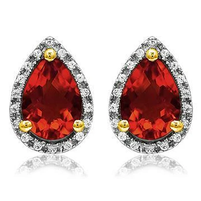 Pear Garnet Stud Earrings with Diamond Halo 14KT Gold