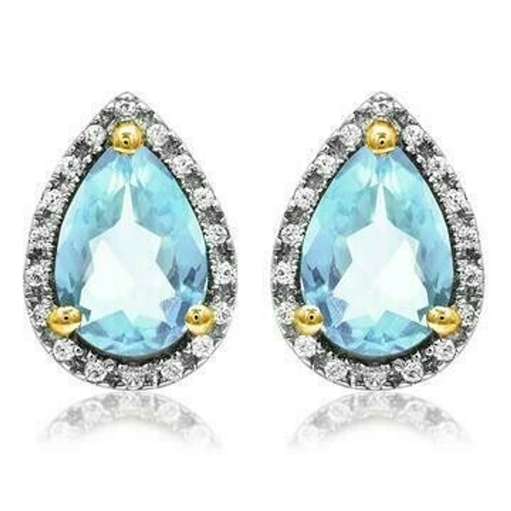 Pear Aquamarine Stud Earrings with Diamond Halo 14KT Gold