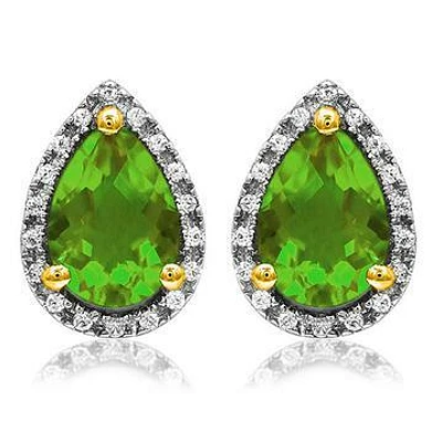 Pear Peridot Stud Earrings with Diamond Halo 14KT Gold