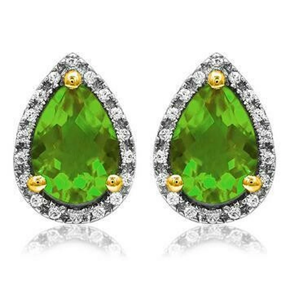 Pear Peridot Stud Earrings with Diamond Halo 14KT Gold