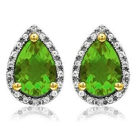 Pear Peridot Stud Earrings with Diamond Halo 14KT Gold