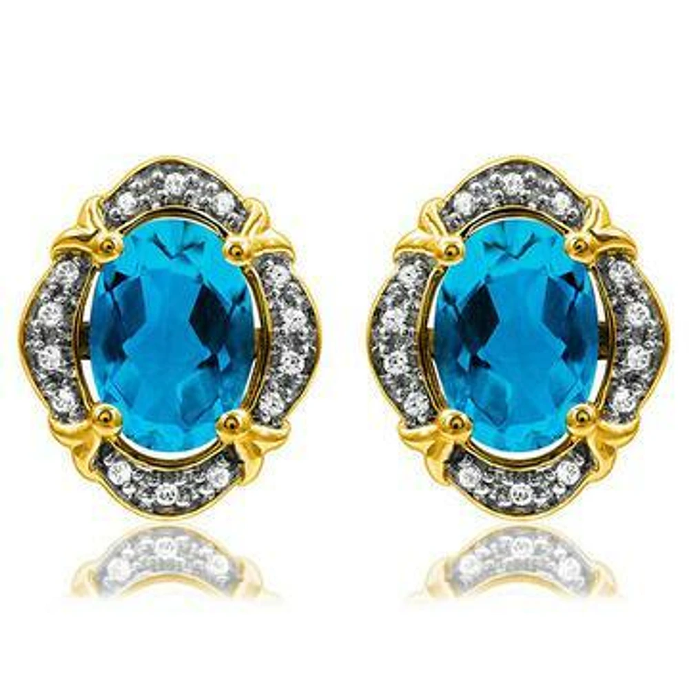 Vintage Inspired Oval Topaz Earrings with Diamond Frame 14KT Gold