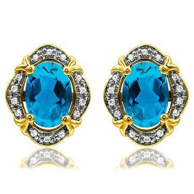 Vintage Inspired Oval Topaz Earrings with Diamond Frame 14KT Gold