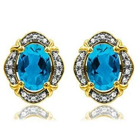 Vintage Inspired Oval Topaz Earrings with Diamond Frame 14KT Gold