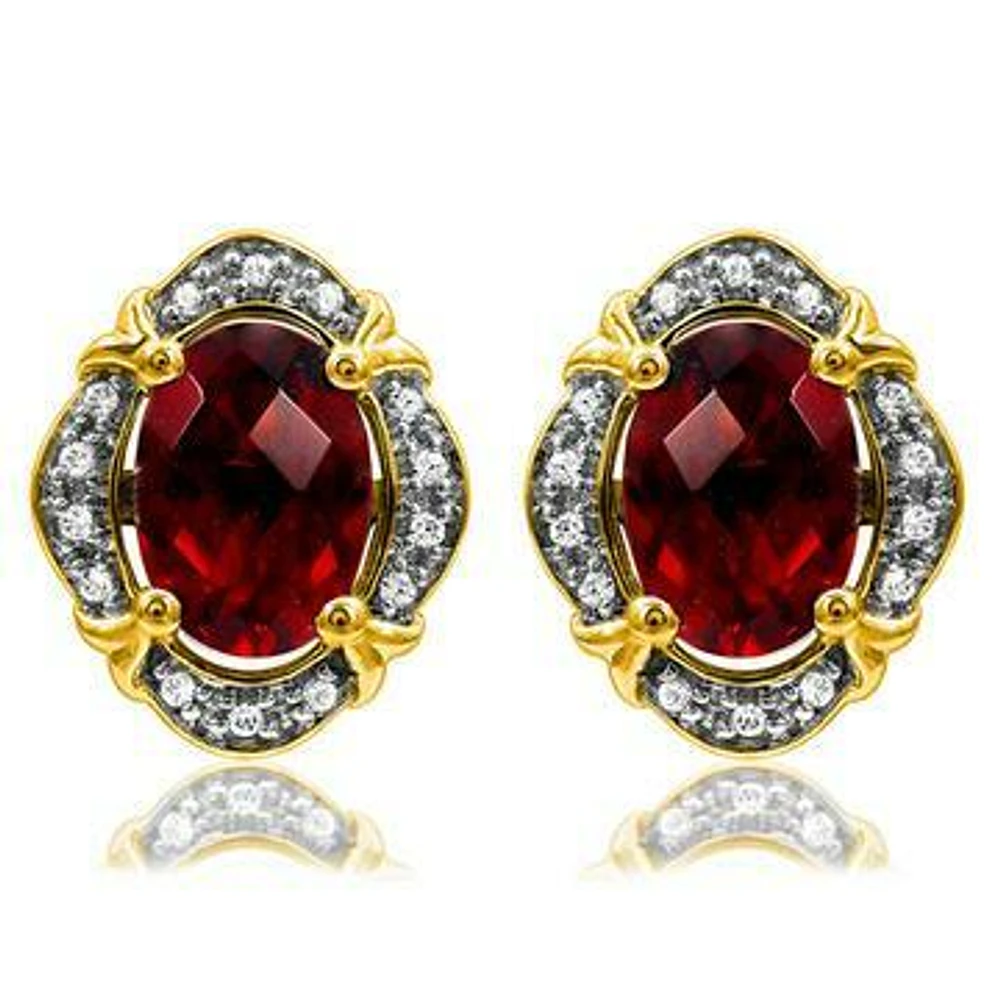 Vintage Inspired Oval Garnet Earrings with Diamond Frame 14KT Gold