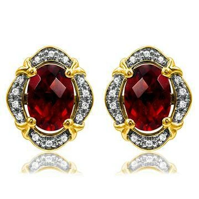 Vintage Inspired Oval Garnet Earrings with Diamond Frame 14KT Gold