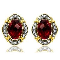 Vintage Inspired Oval Garnet Earrings with Diamond Frame 14KT Gold