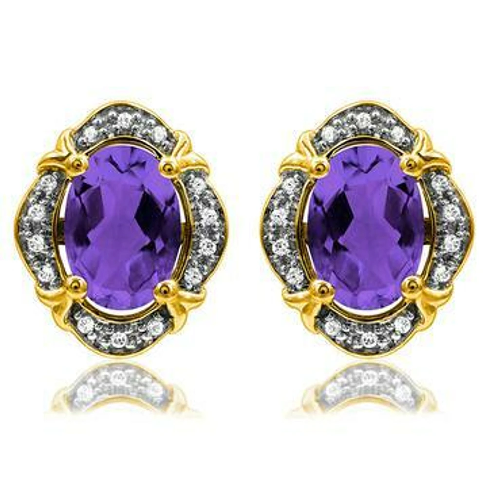 Vintage Inspired Oval Amethyst Earrings with Diamond Frame 14KT Gold