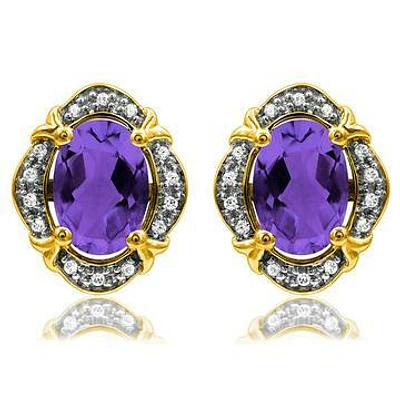 Vintage Inspired Oval Amethyst Earrings with Diamond Frame 14KT Gold