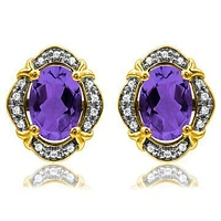 Vintage Inspired Oval Amethyst Earrings with Diamond Frame 14KT Gold