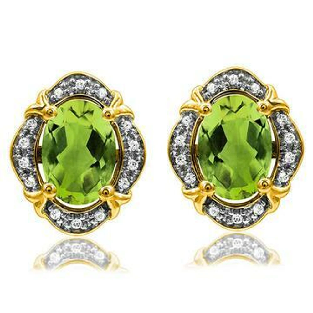 Vintage Inspired Oval Peridot Earrings with Diamond Frame 14KT Gold