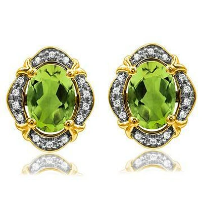 Vintage Inspired Oval Peridot Earrings with Diamond Frame 14KT Gold