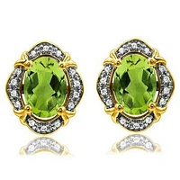 Vintage Inspired Oval Peridot Earrings with Diamond Frame 14KT Gold