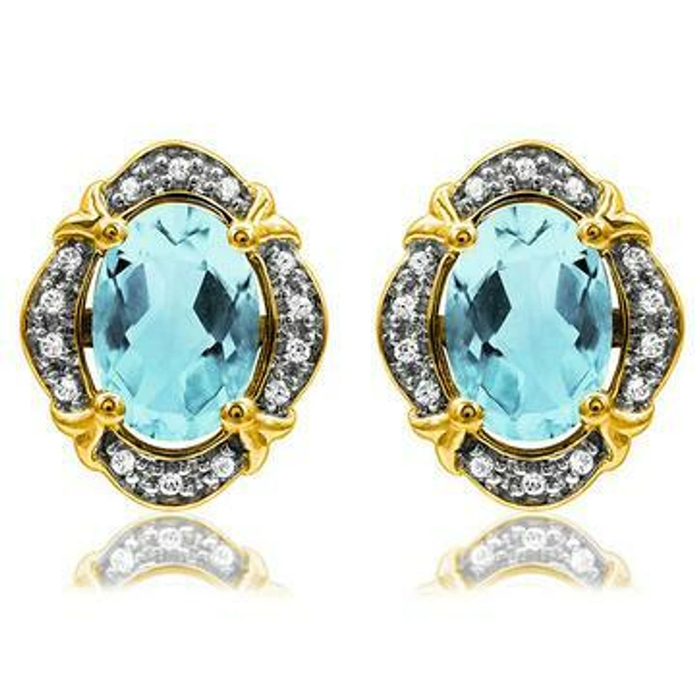 Vintage Inspired Oval Aquamarine Earrings with Diamond Frame 14KT Gold