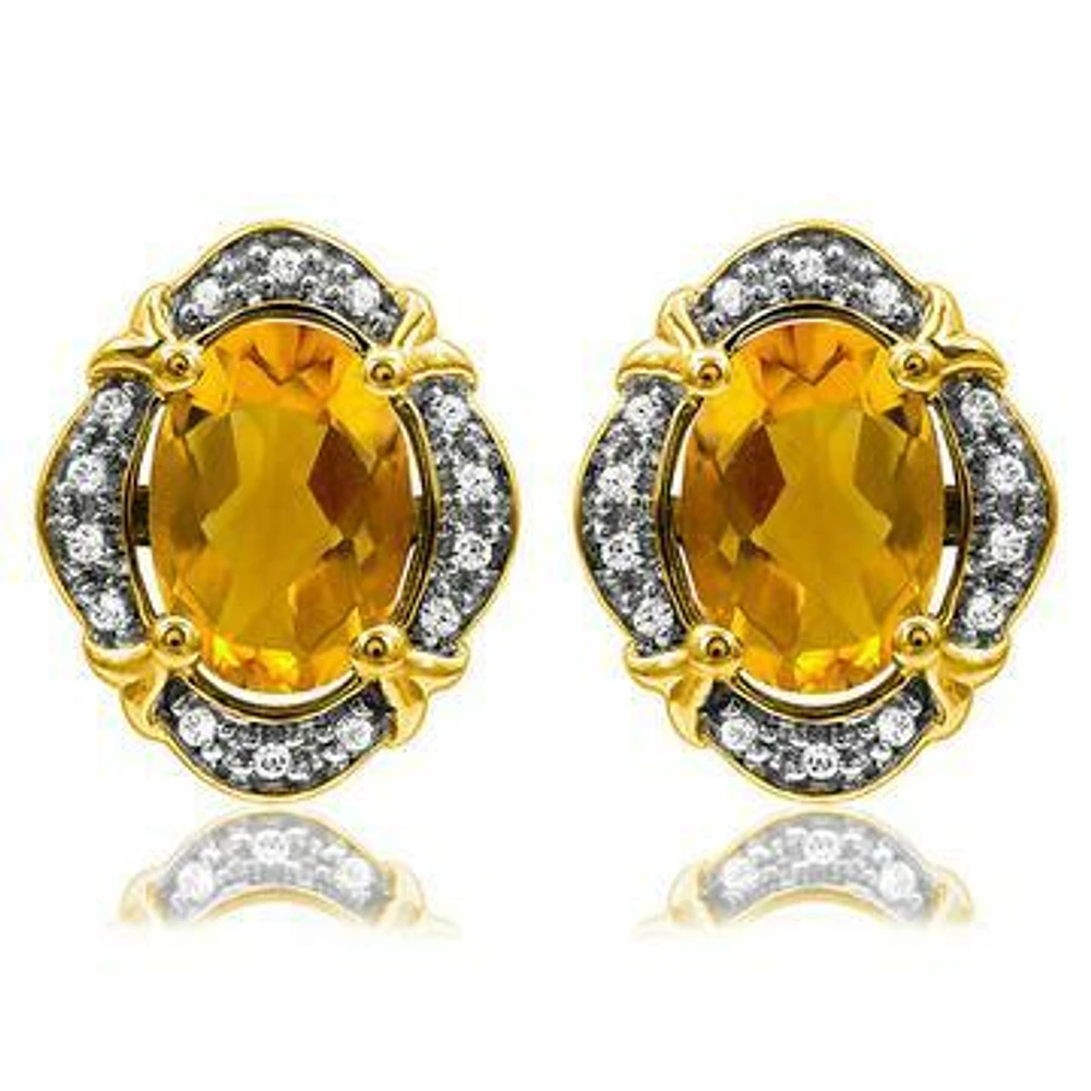 Vintage Inspired Oval Citrine Earrings with Diamond Frame 14KT Gold