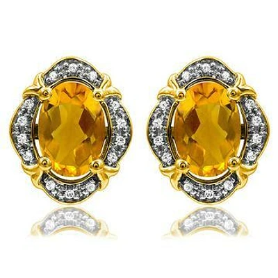 Vintage Inspired Oval Citrine Earrings with Diamond Frame 14KT Gold