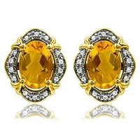 Vintage Inspired Oval Citrine Earrings with Diamond Frame 14KT Gold