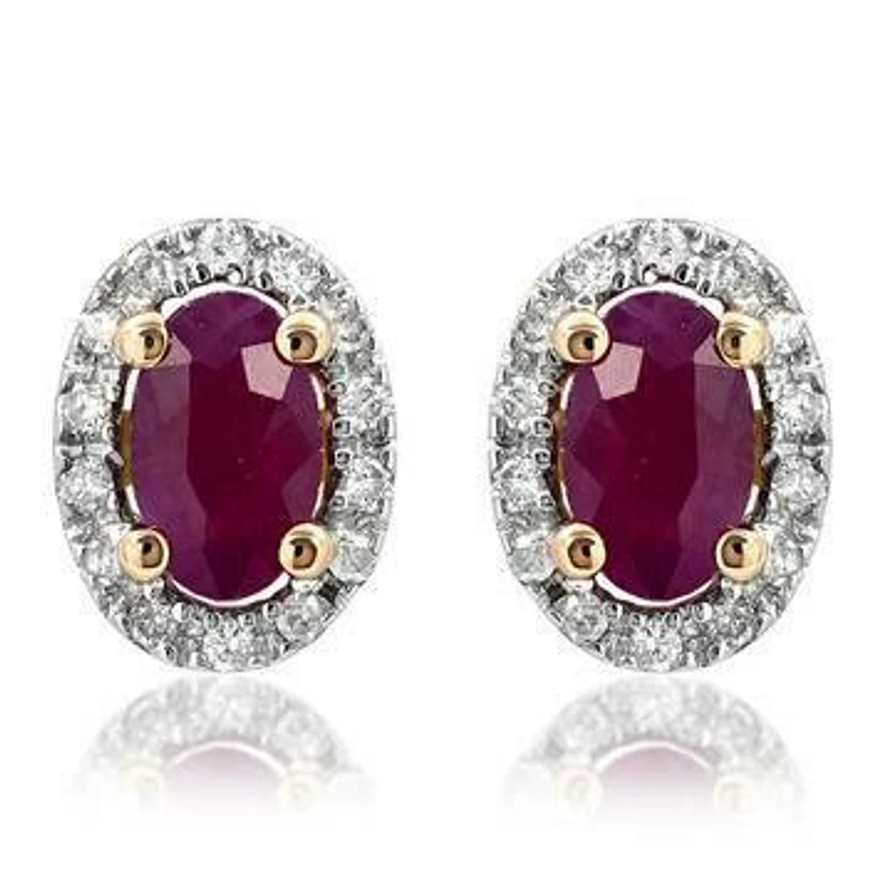 Oval Ruby Stud Earrings with Diamond Halo 14KT Gold