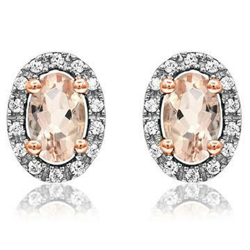 Oval Morganite Stud Earrings with Diamond Halo 14KT Gold