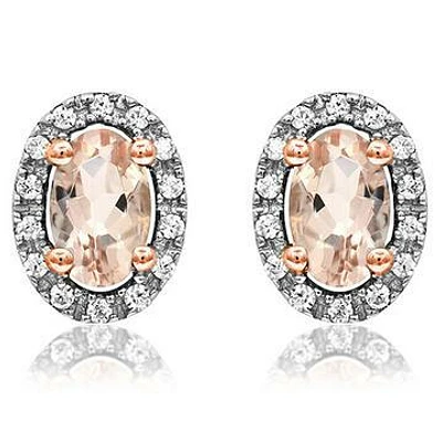 Oval Morganite Stud Earrings with Diamond Halo 14KT Gold