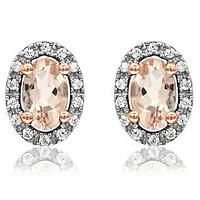 Oval Morganite Stud Earrings with Diamond Halo 14KT Gold