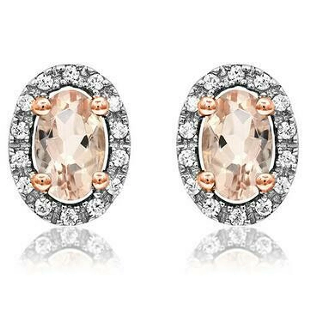 Oval Morganite Stud Earrings with Diamond Halo 14KT Gold