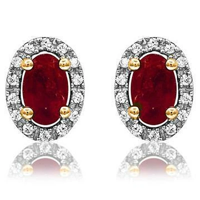 Oval Ruby Stud Earrings with Diamond Halo 14KT Gold