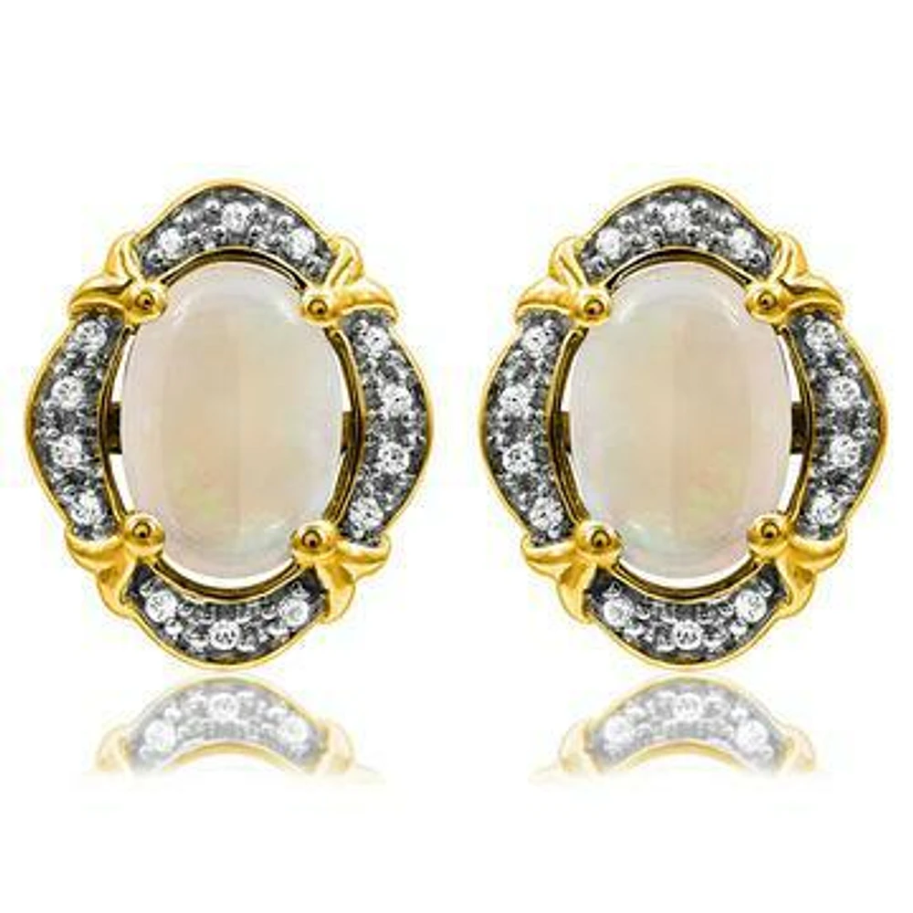 Vintage Inspired Oval Opal Earrings with Diamond Frame 14kt Gold