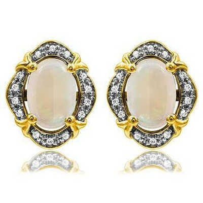 Vintage Inspired Oval Opal Earrings with Diamond Frame 14kt Gold