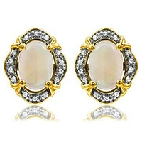 Vintage Inspired Oval Opal Earrings with Diamond Frame 14kt Gold