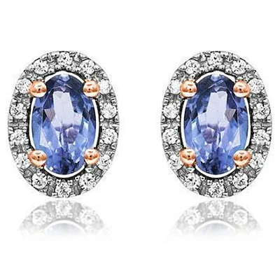 Oval Tanzanite Stud Earrings with Diamond Halo 14KT Gold