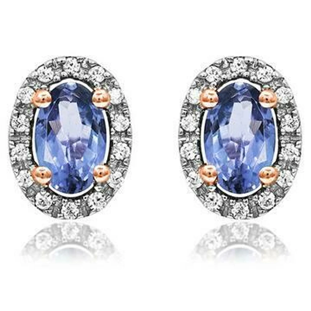 Oval Tanzanite Stud Earrings with Diamond Halo 14KT Gold