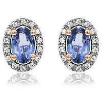 Oval Tanzanite Stud Earrings with Diamond Halo 14KT Gold