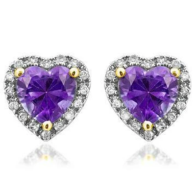 Heart Amethyst Stud Earrings with Diamond Halo 14KT Gold