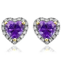 Heart Amethyst Stud Earrings with Diamond Halo 14KT Gold