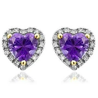 Heart Amethyst Stud Earrings with Diamond Halo 14KT Gold